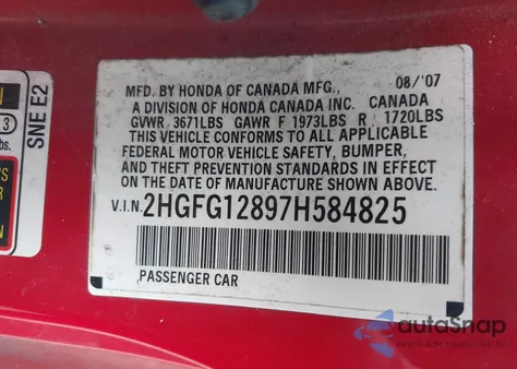2007 Honda Civic Ex from USA, damaged, VIN 2HGFG12897H584825
